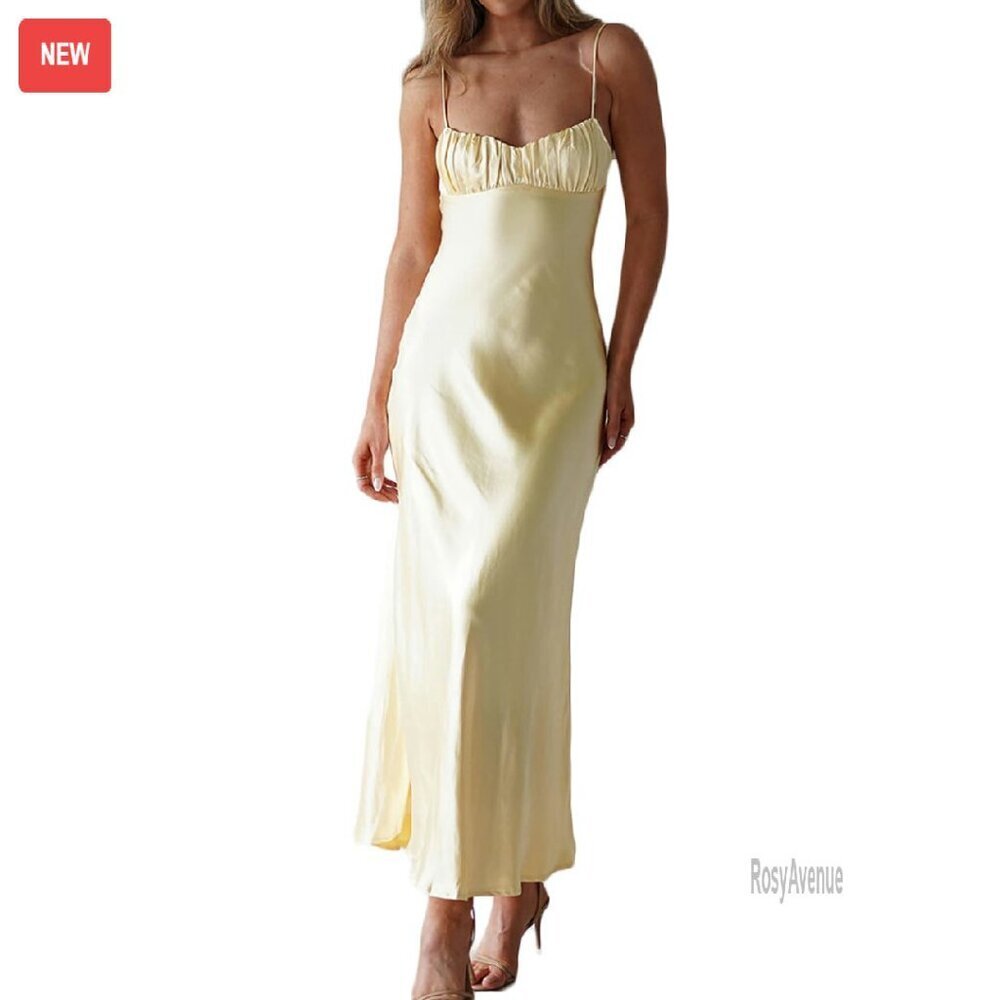 Satin Backless Ruched Midi Dress Spaghetti Strap Cut Out Formal